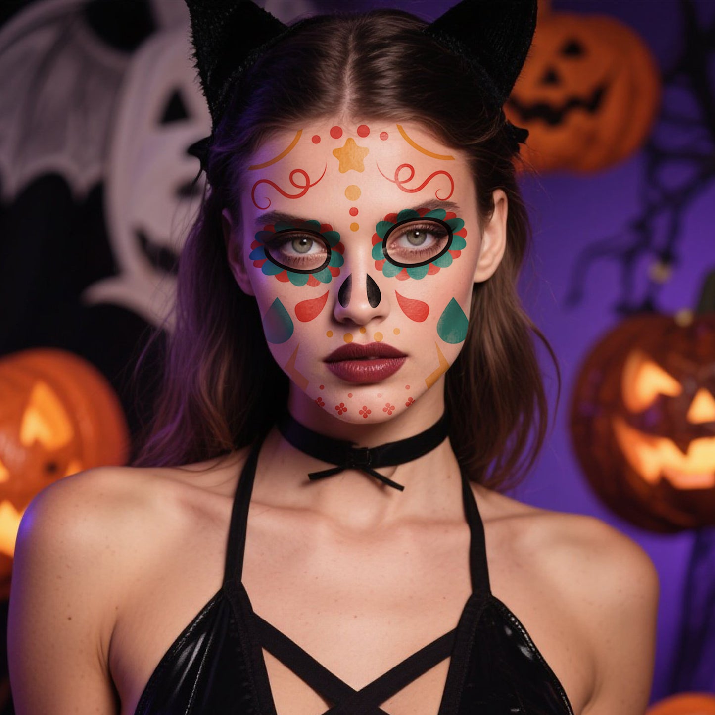 DaLin 9 Sheets Floral Day of the Dead Sugar Skull Temporary Face Tattoos for Halloween