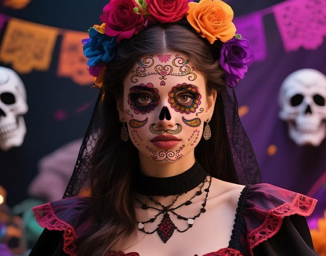 DaLin 9 Sheets Floral Day of the Dead Sugar Skull Temporary Face Tattoos for Halloween