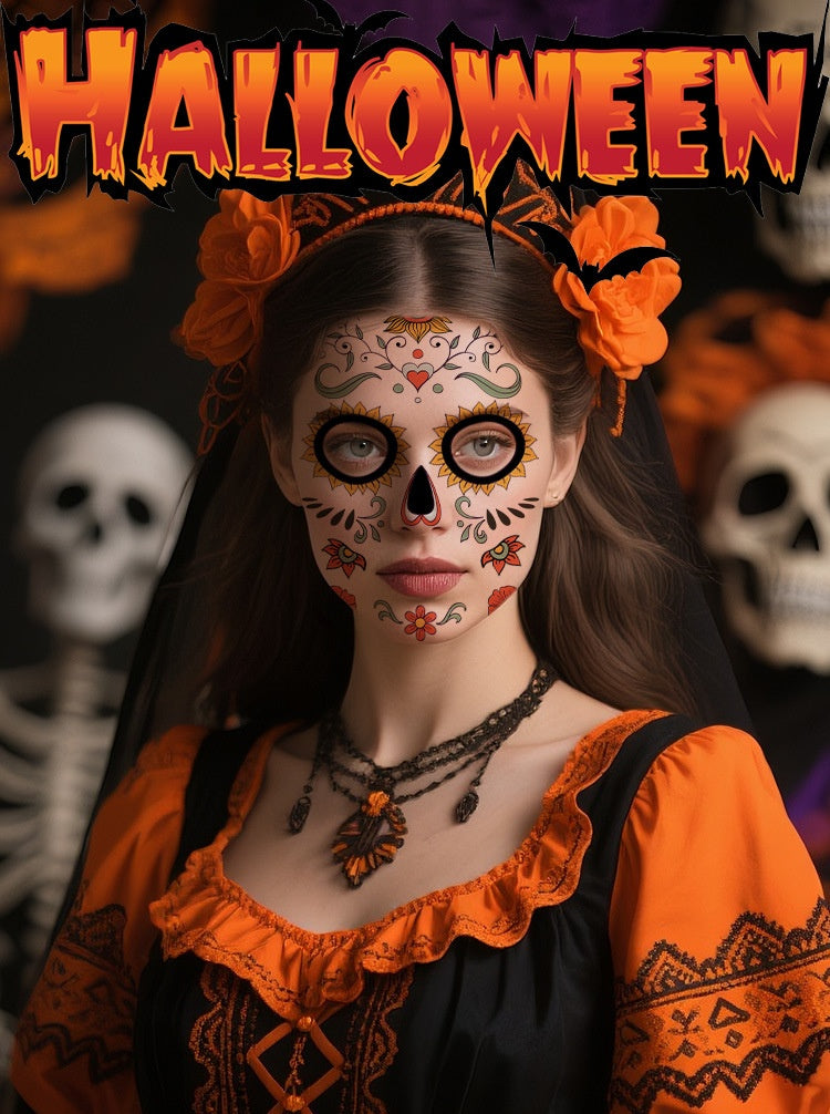 DaLin 9 Sheets Floral Day of the Dead Sugar Skull Temporary Face Tattoos for Halloween