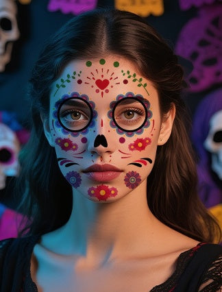 DaLin 9 Sheets Floral Day of the Dead Sugar Skull Temporary Face Tattoos for Halloween